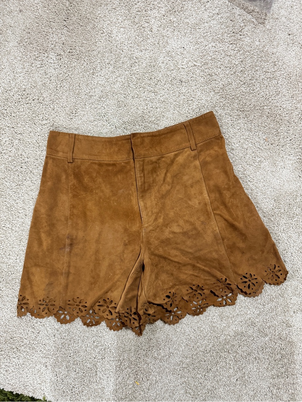 Zara Brown Suede High-Waist Laser-Cut Hem Shorts